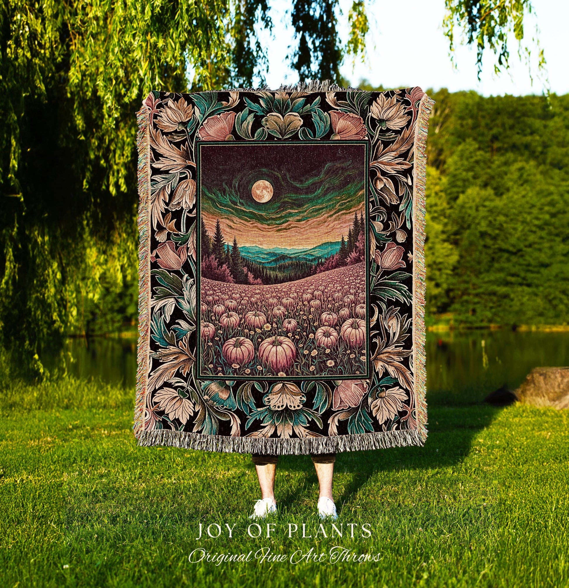 Mystical Sunset Full Moon Pumpkin Patch Cottagecore Tapestry Throw Blanket, Harvest Fields Landscape Woven Wall Hanging Fall Folk Art Decor