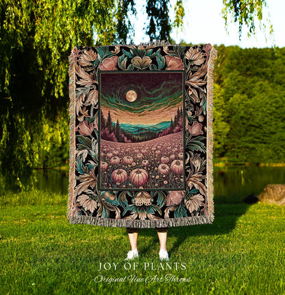 Mystical Sunset Full Moon Pumpkin Patch Cottagecore Tapestry Throw Blanket, Harvest Fields Landscape Woven Wall Hanging Fall Folk Art Decor