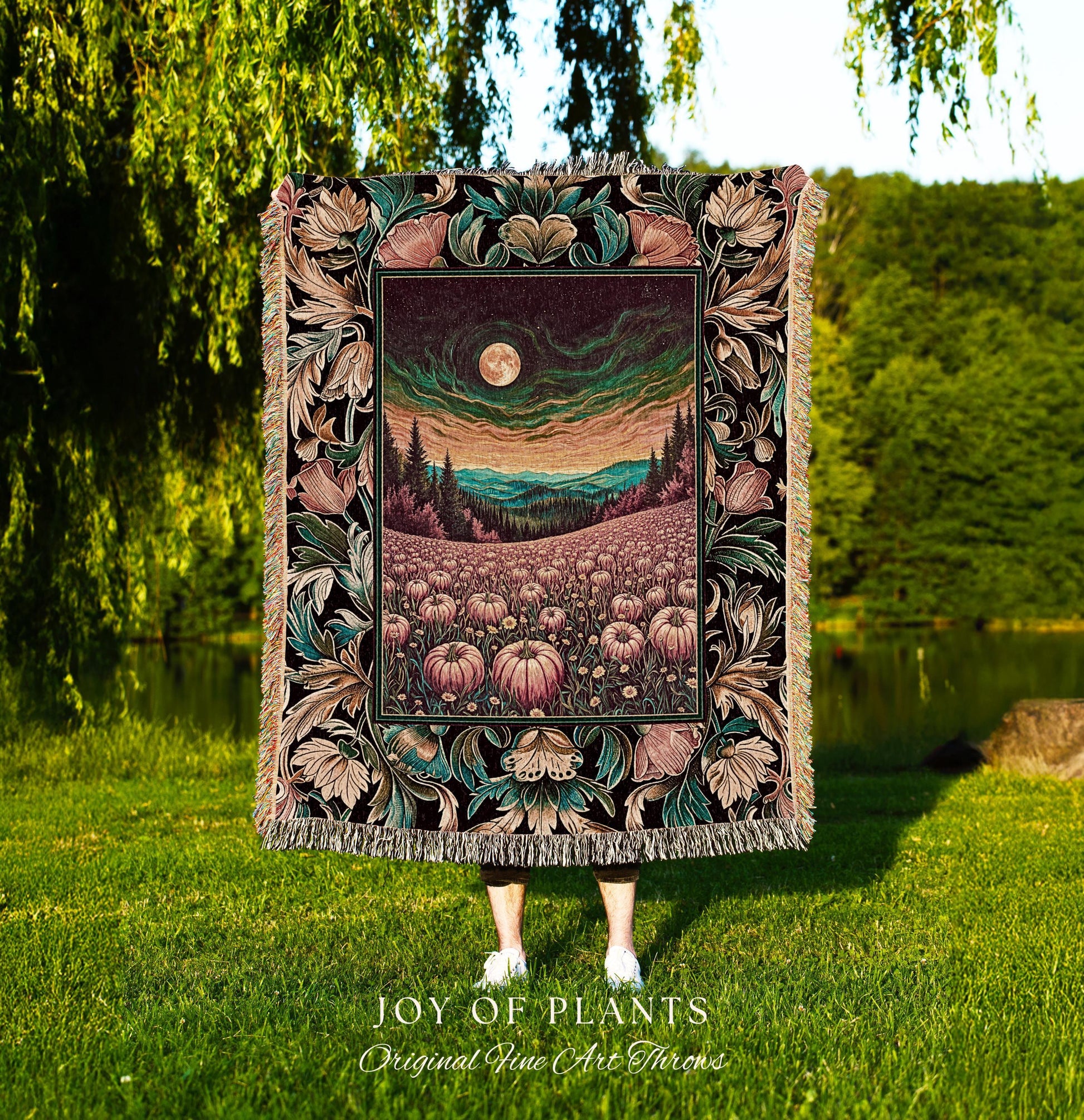 Mystical Sunset Full Moon Pumpkin Patch Cottagecore Tapestry Throw Blanket, Harvest Fields Landscape Woven Wall Hanging Fall Folk Art Decor