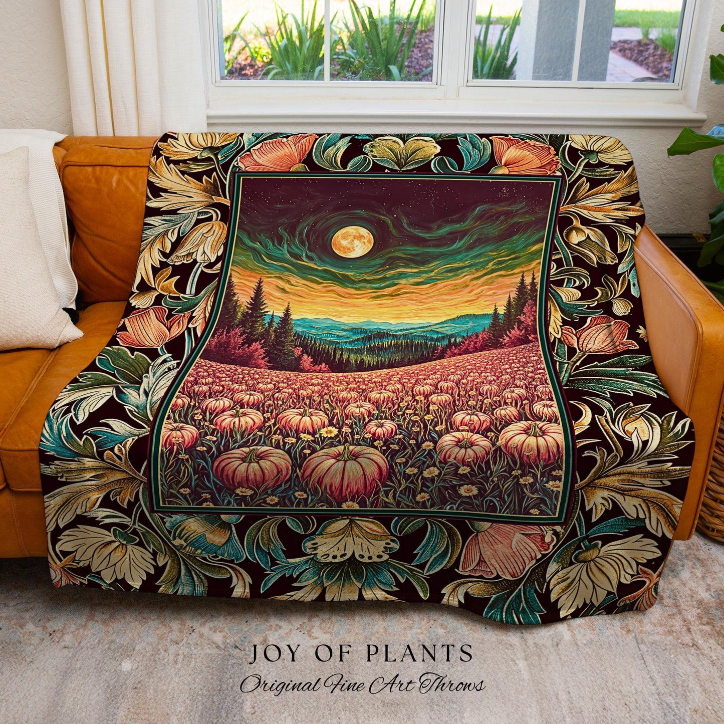 Mystical Sunset Full Moon Pumpkin Patch Cottagecore Tapestry Throw Blanket, Harvest Fields Landscape Woven Wall Hanging Fall Folk Art Decor