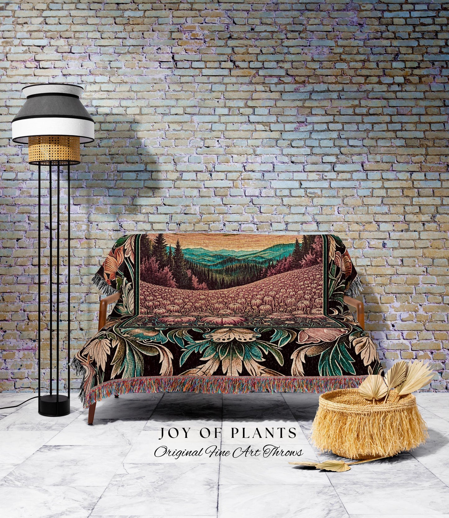 Mystical Sunset Full Moon Pumpkin Patch Cottagecore Tapestry Throw Blanket, Harvest Fields Landscape Woven Wall Hanging Fall Folk Art Decor
