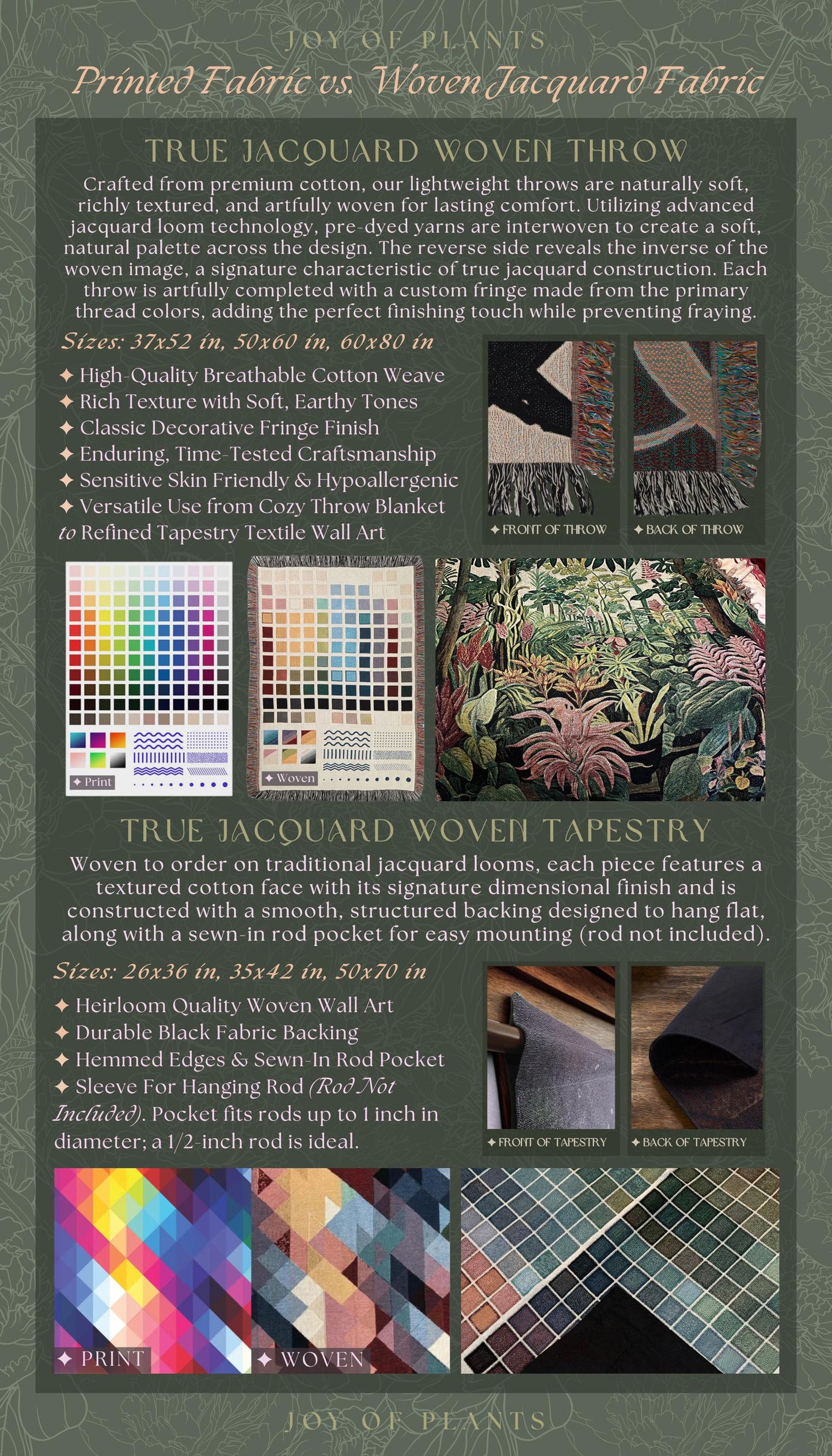 The image is a comparison between printed fabric and woven Jacquard fabric, featuring images of the fabrics in different colors and patterns.
