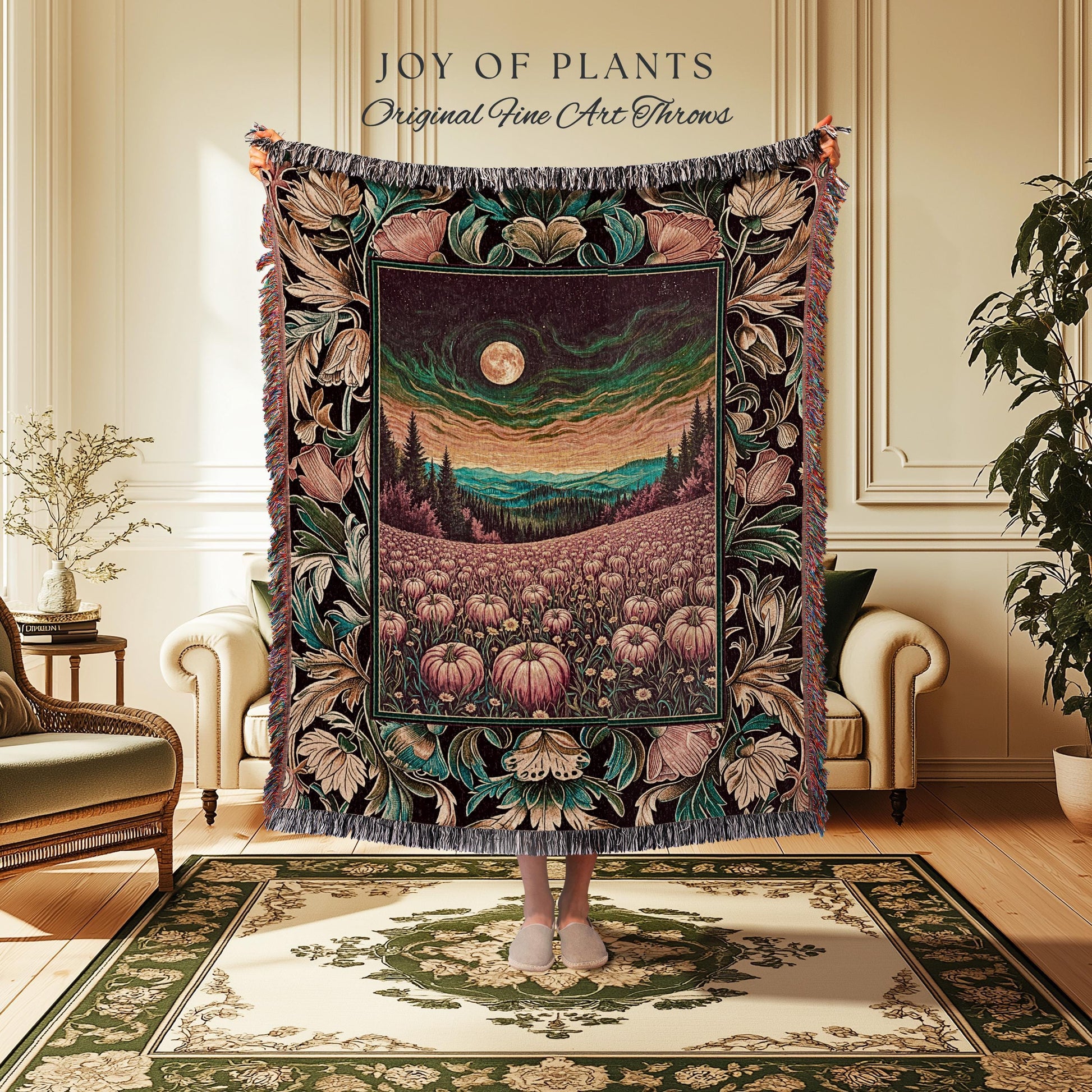 Mystical Sunset Full Moon Pumpkin Patch Cottagecore Tapestry Throw Blanket, Harvest Fields Landscape Woven Wall Hanging Fall Folk Art Decor