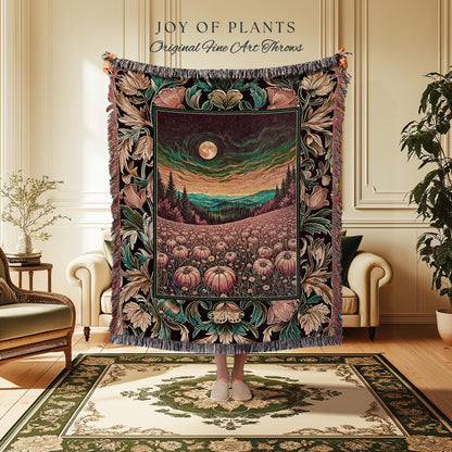 Mystical Sunset Full Moon Pumpkin Patch Cottagecore Tapestry Throw Blanket, Harvest Fields Landscape Woven Wall Hanging Fall Folk Art Decor