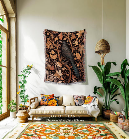 Rustic Autumn Farmhouse Vintage Aesthetic Dark Botanical Crow Tapestry Blanket | Witch Cottagecore Raven Throw Gothic Woodland Fall Foliage