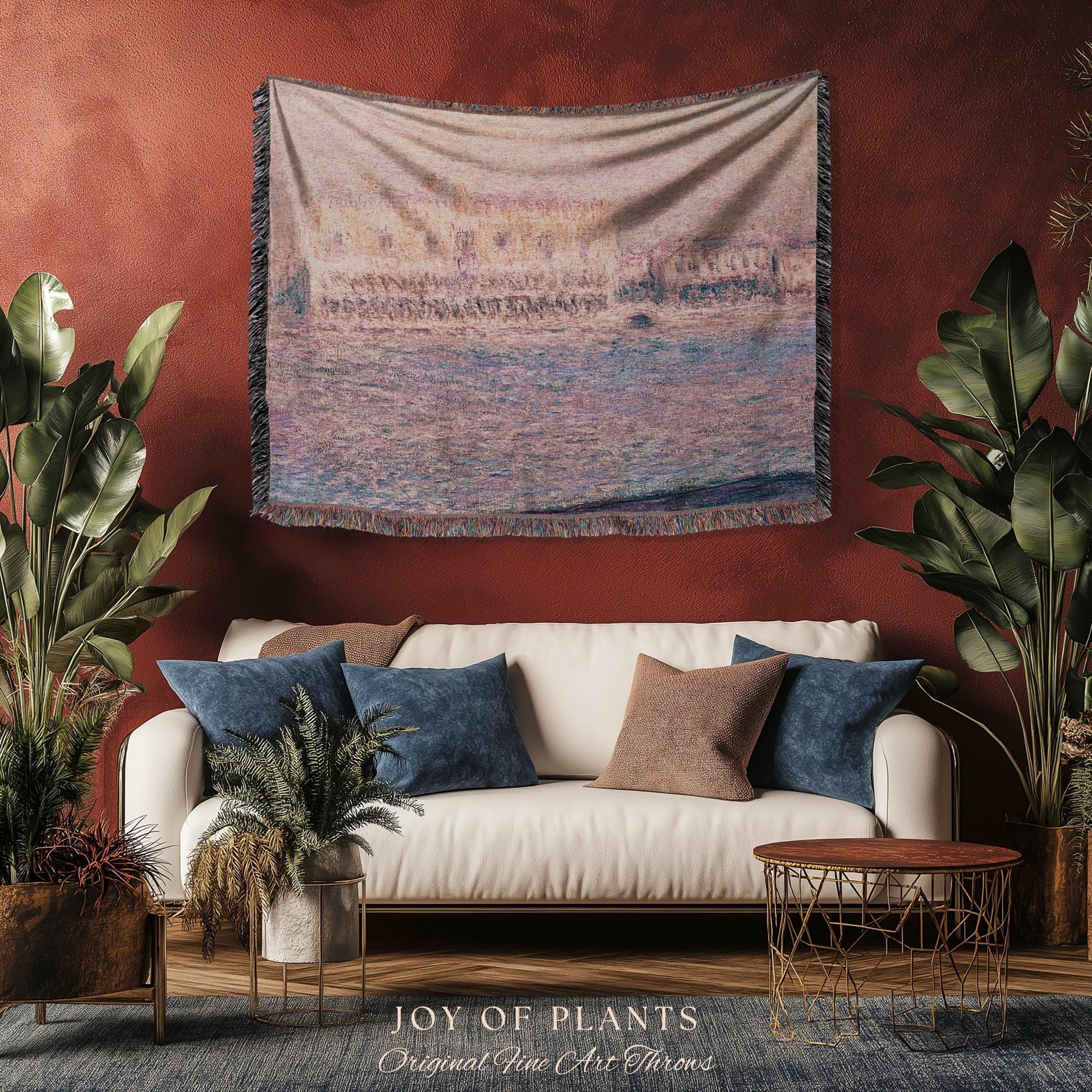 Palazzo Dario Venice Blanket Monet Painting Fine Art Throw | Venetian Inspired European Art Tapestry Dusty Rose Pastel Vintage Home Decor