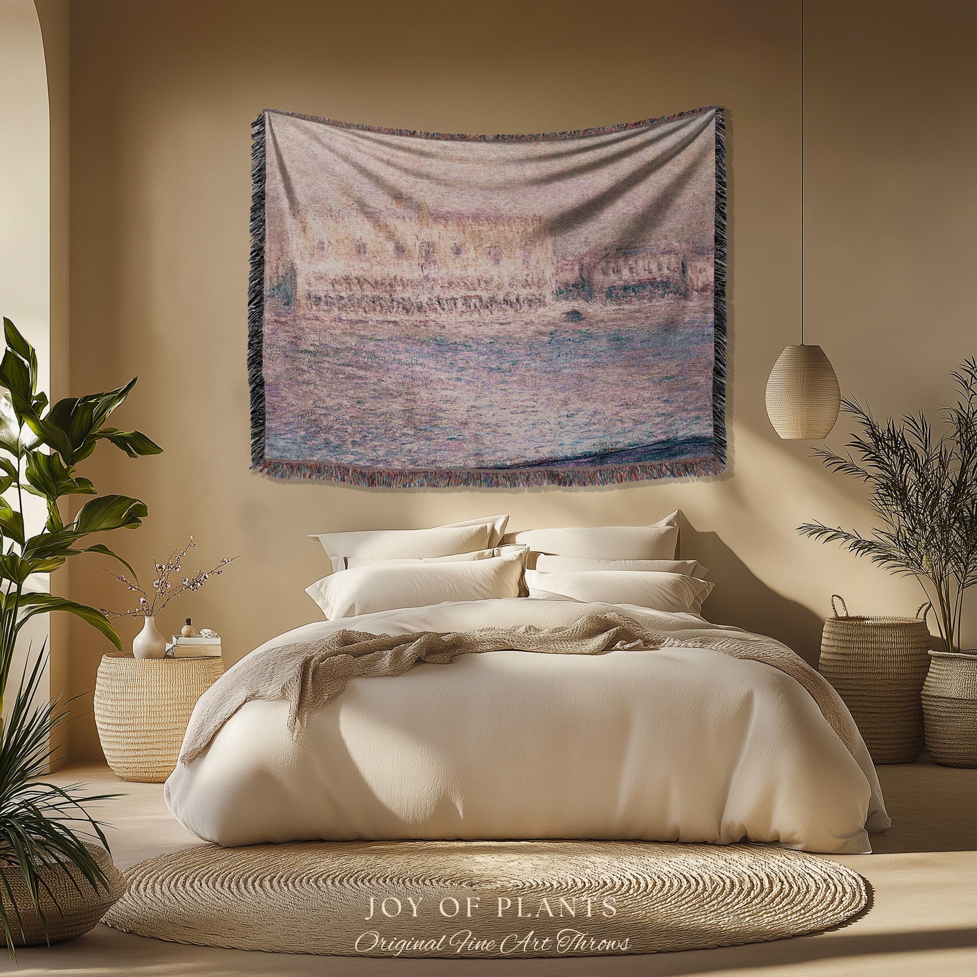 Palazzo Dario Venice Blanket Monet Painting Fine Art Throw | Venetian Inspired European Art Tapestry Dusty Rose Pastel Vintage Home Decor