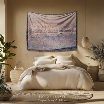 Palazzo Dario Venice Blanket Monet Painting Fine Art Throw | Venetian Inspired European Art Tapestry Dusty Rose Pastel Vintage Home Decor