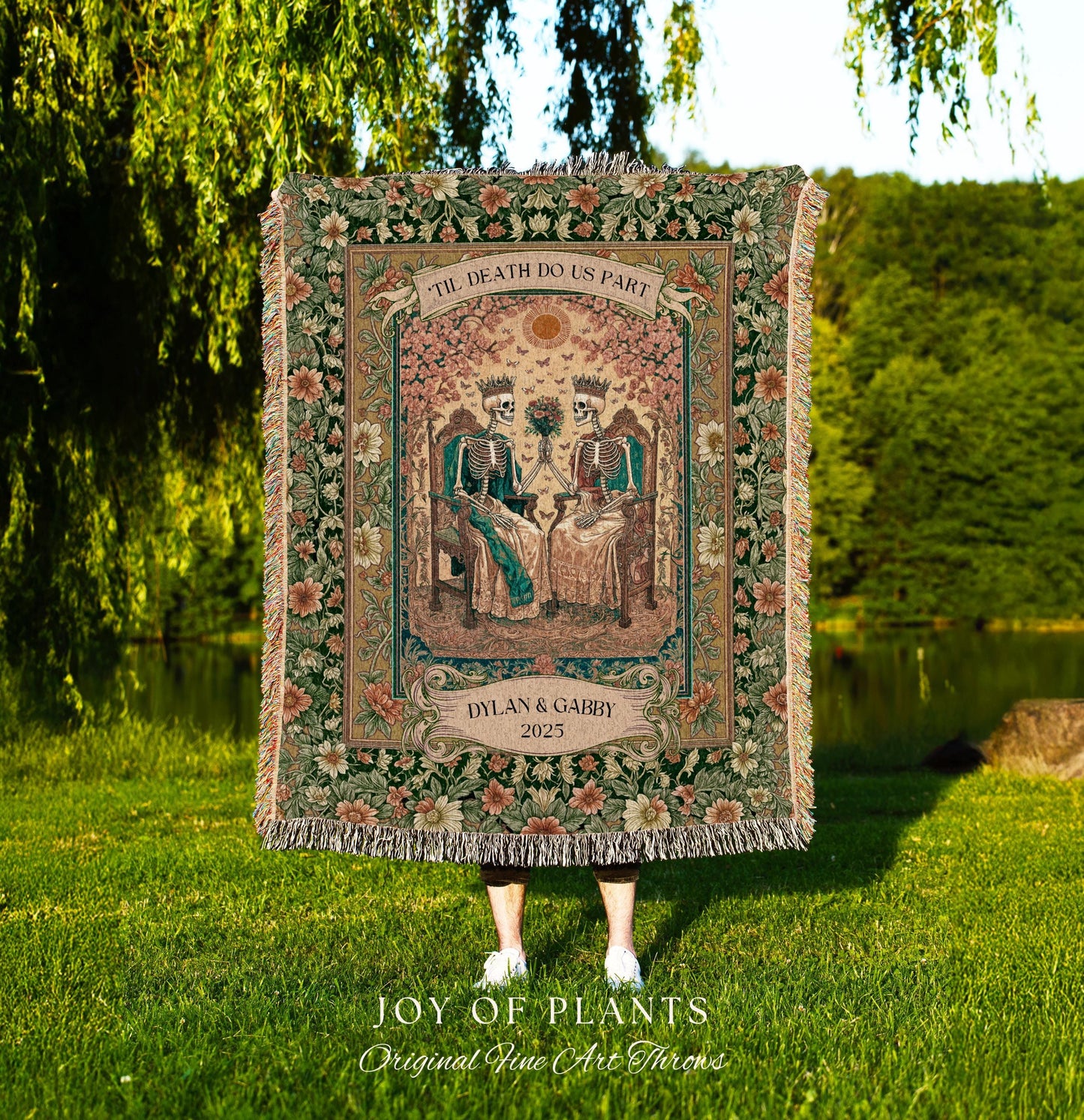 Mystic Lovers Skeleton Custom Blanket | Personalized Names Witchy Couple Throw Gothic Wedding Gift Baroque Floral Tapestry Cozy Anniversary