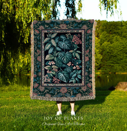 Elegant Botanicals Dark Forestcore Blanket | Woodland Fairycore Tapestry Woven Wall Art Dark Cottagecore Vintage Style Moody Bedroom Teal |