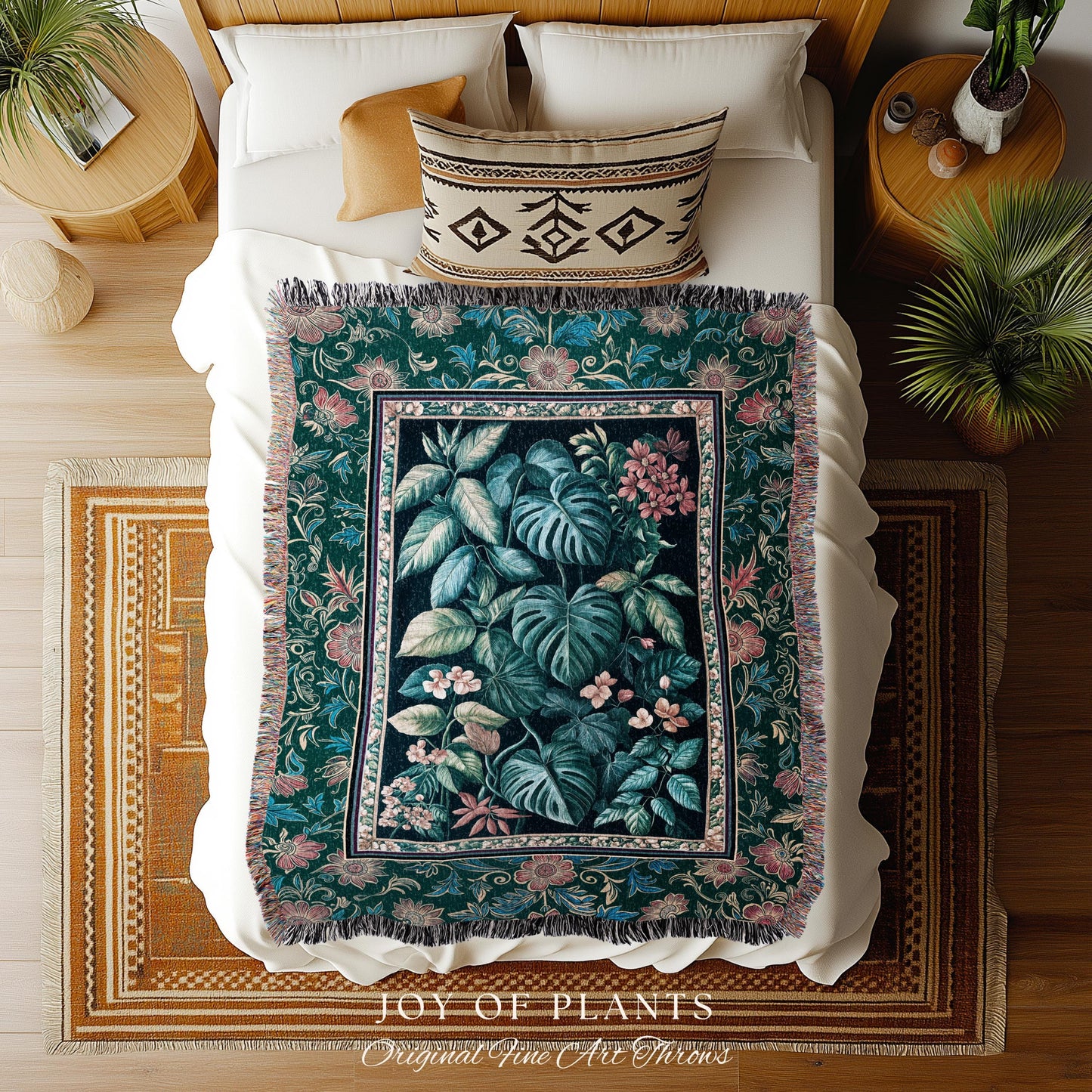 Elegant Botanicals Dark Forestcore Blanket | Woodland Fairycore Tapestry Woven Wall Art Dark Cottagecore Vintage Style Moody Bedroom Teal |