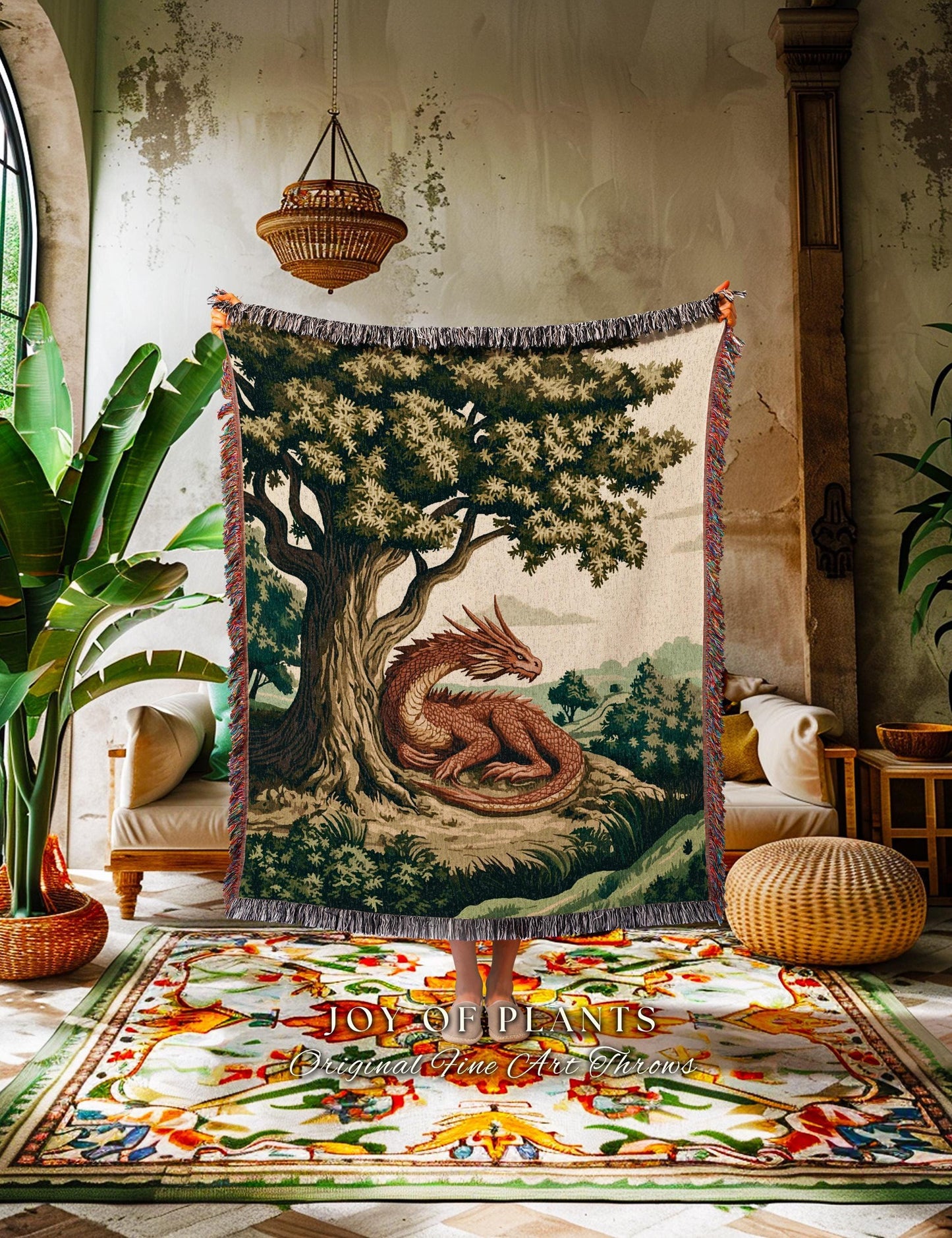 Antique Aesthetic Dragon Blanket Rustic Woodland Decor Tapestry Throw | Whimsical Fantasy Medieval Art Forestcore Woven Cozy Home Accent