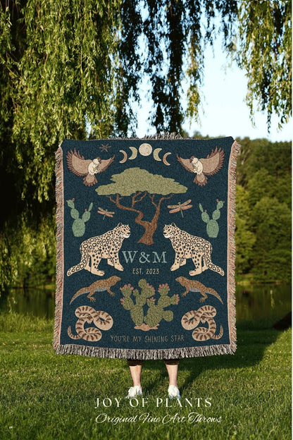 Jungle Blanket Custom Initial Tapestry | Anniversary Gift for Couple Blanket Personalized | Custom Anniversary Tapestry Jungle Blanket Woven