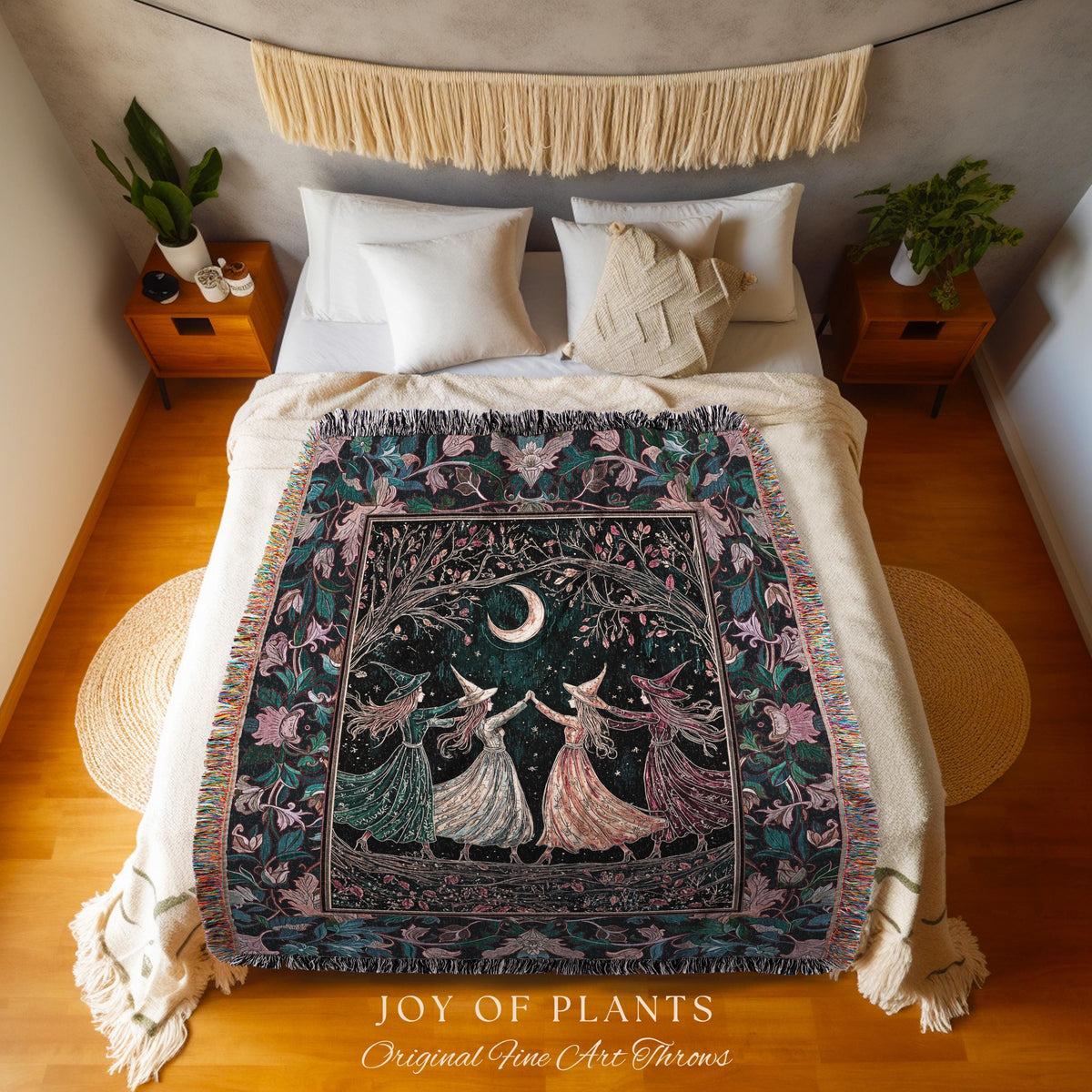 Mystic Midnight Witchcraft Throw Blanket | Whimsical Witch Circle Home Decor Storybook Aesthetic Woven Tapestry Witchy Academia Cozy Vibe |