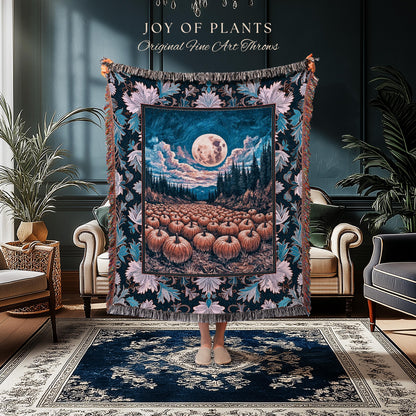 Soft Autumn Aesthetic Pumpkin Tapestry | Pastel Rustic Fall Woven Blanket Decor Whimsigoth Full Moon Spooky Season Halloween Throw Accent |