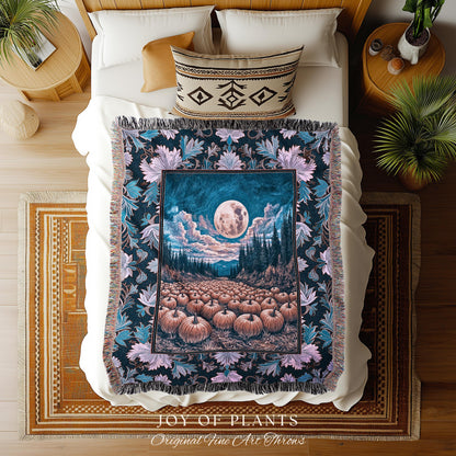 Soft Autumn Aesthetic Pumpkin Tapestry | Pastel Rustic Fall Woven Blanket Decor Whimsigoth Full Moon Spooky Season Halloween Throw Accent |