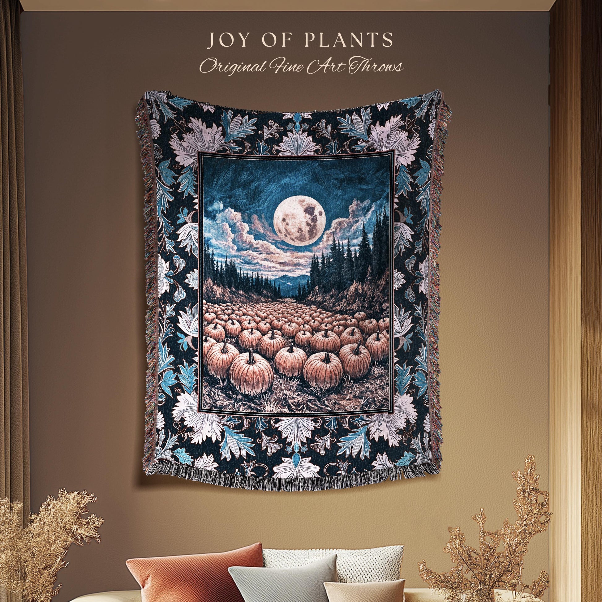 Soft Autumn Aesthetic Pumpkin Tapestry | Pastel Rustic Fall Woven Blanket Decor Whimsigoth Full Moon Spooky Season Halloween Throw Accent |
