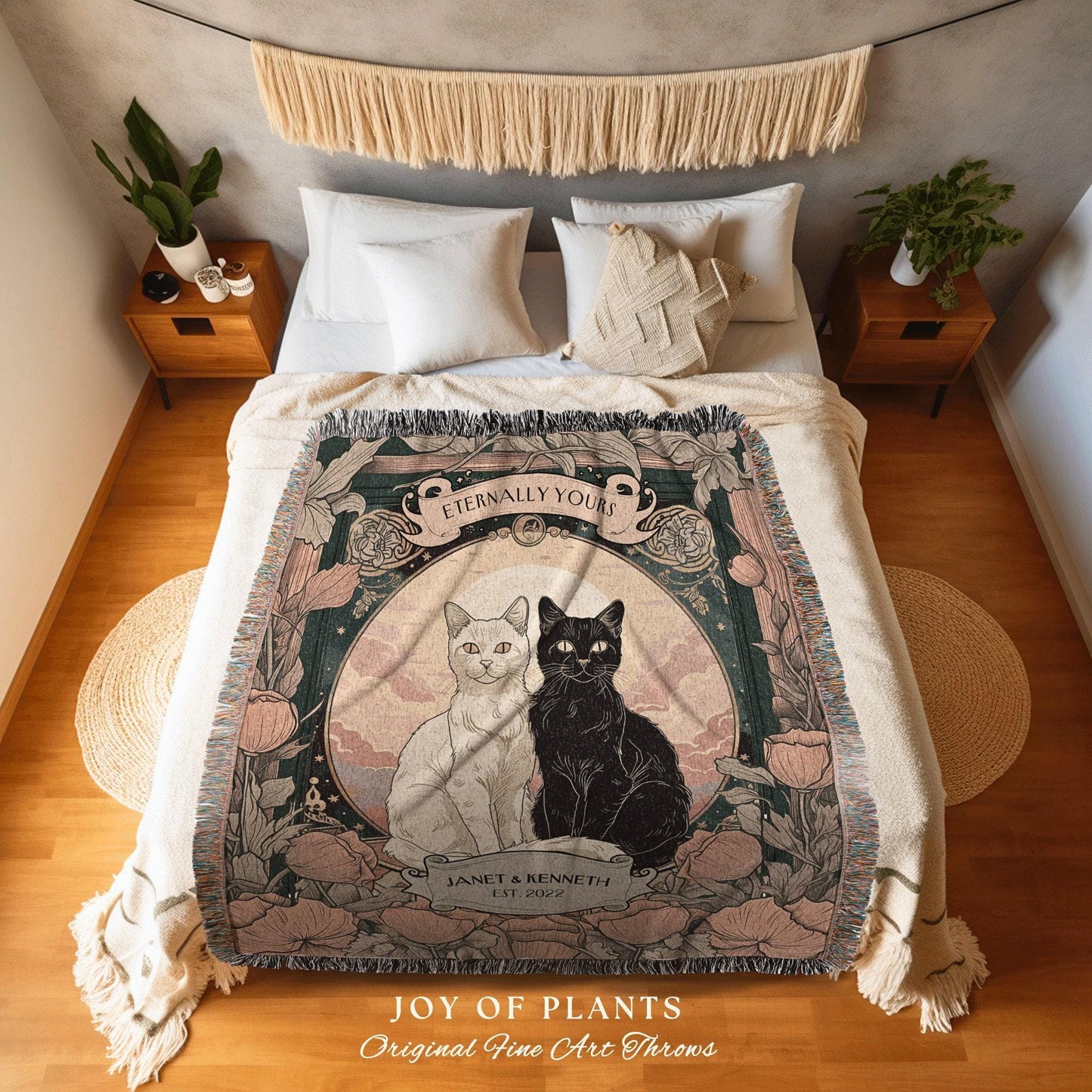 Ethereal Cat Lover Couple Blanket Custom | Goth Aesthetic Woven Throw Personalized Name Dating Anniversary Gift Dark Academia Tapestry