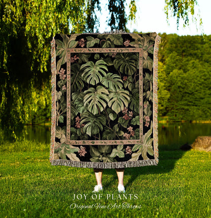 Ethereal Monstera Woodland Botanical Blanket | Tropical Aesthetic Dark Floral Houseplant Lover Whimsical Home Decor Tapestry Woven Throw |