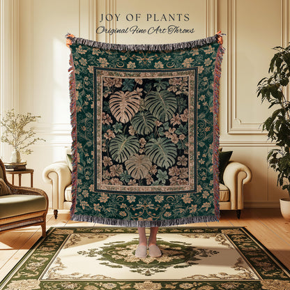 Enchanted Grove Woven Fringe Tapestry | Forestcore Home Decor Cottagecore Maximalist Blanket Whimsical Monstera Vibes Trendy Bedroom Artwork