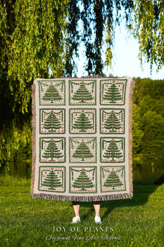 Rustic Pine Tree Holiday Blanket Traditional Forest Green Christmas Decor | Cozy Winter Folk Art Tapestry Throw Classic Seasonal Home Decor