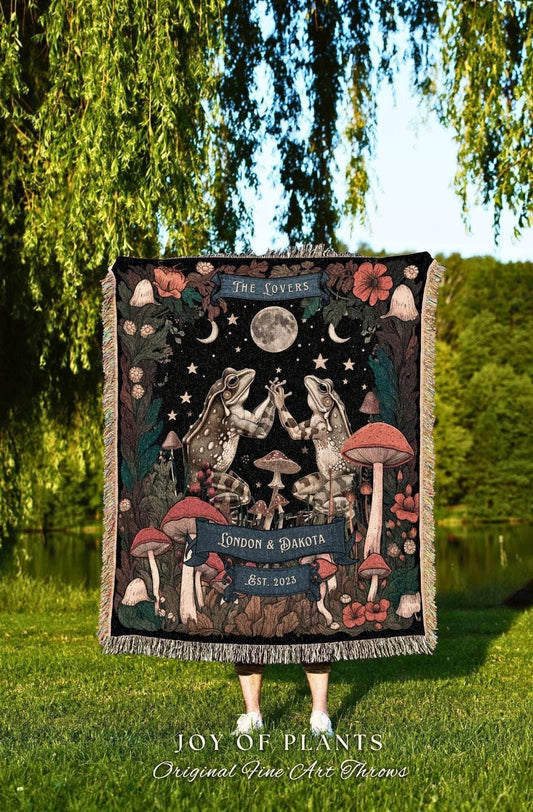 Celestial Frog Lovers Starry Night Blanket Mystic Folklore Mushroom Cottagecore Toad Couples Wedding Tapestry Woven Throw Anniversary Gift