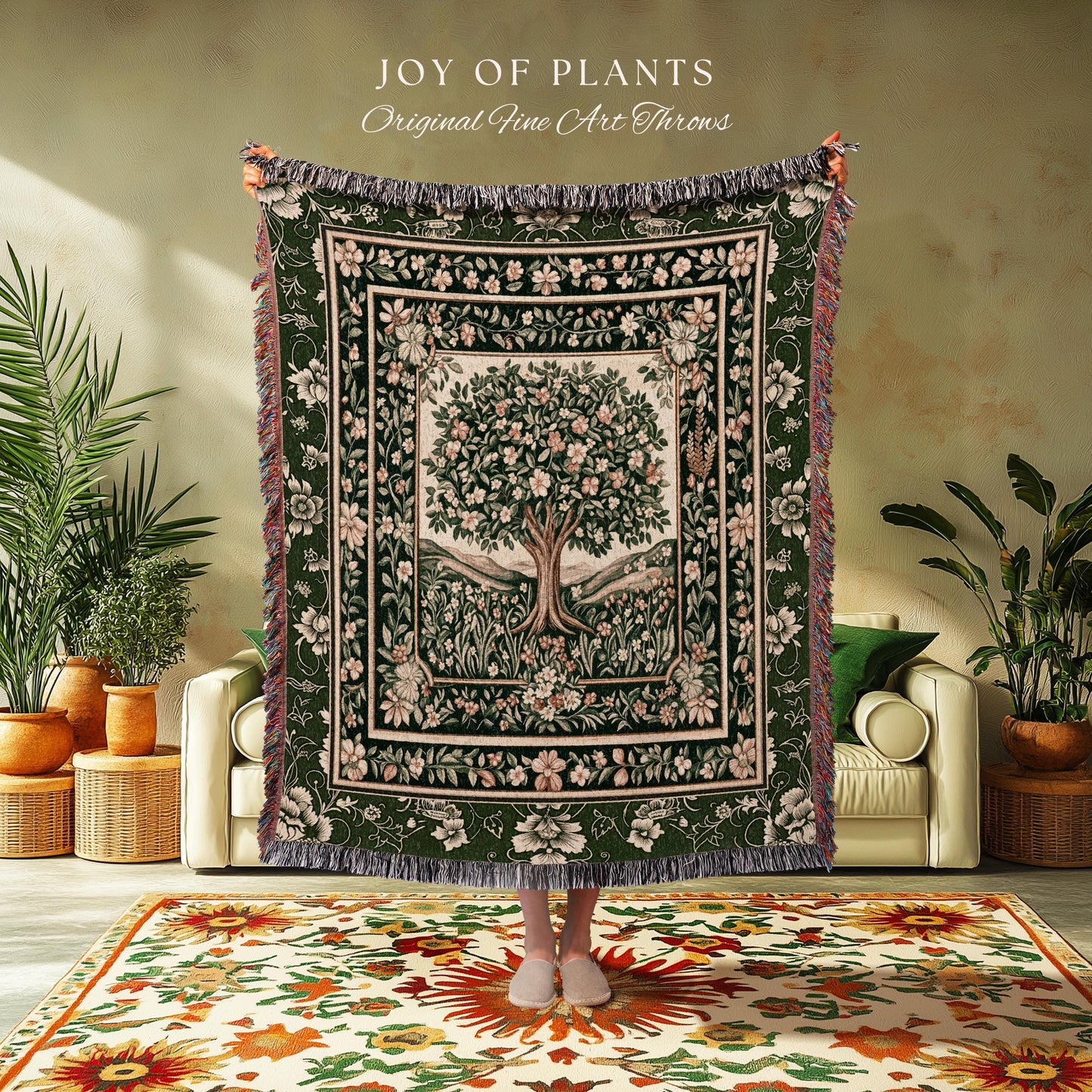 Enchanted Garden Folklore Tree Throw Blanket Woven Cotton Wall Tapestry