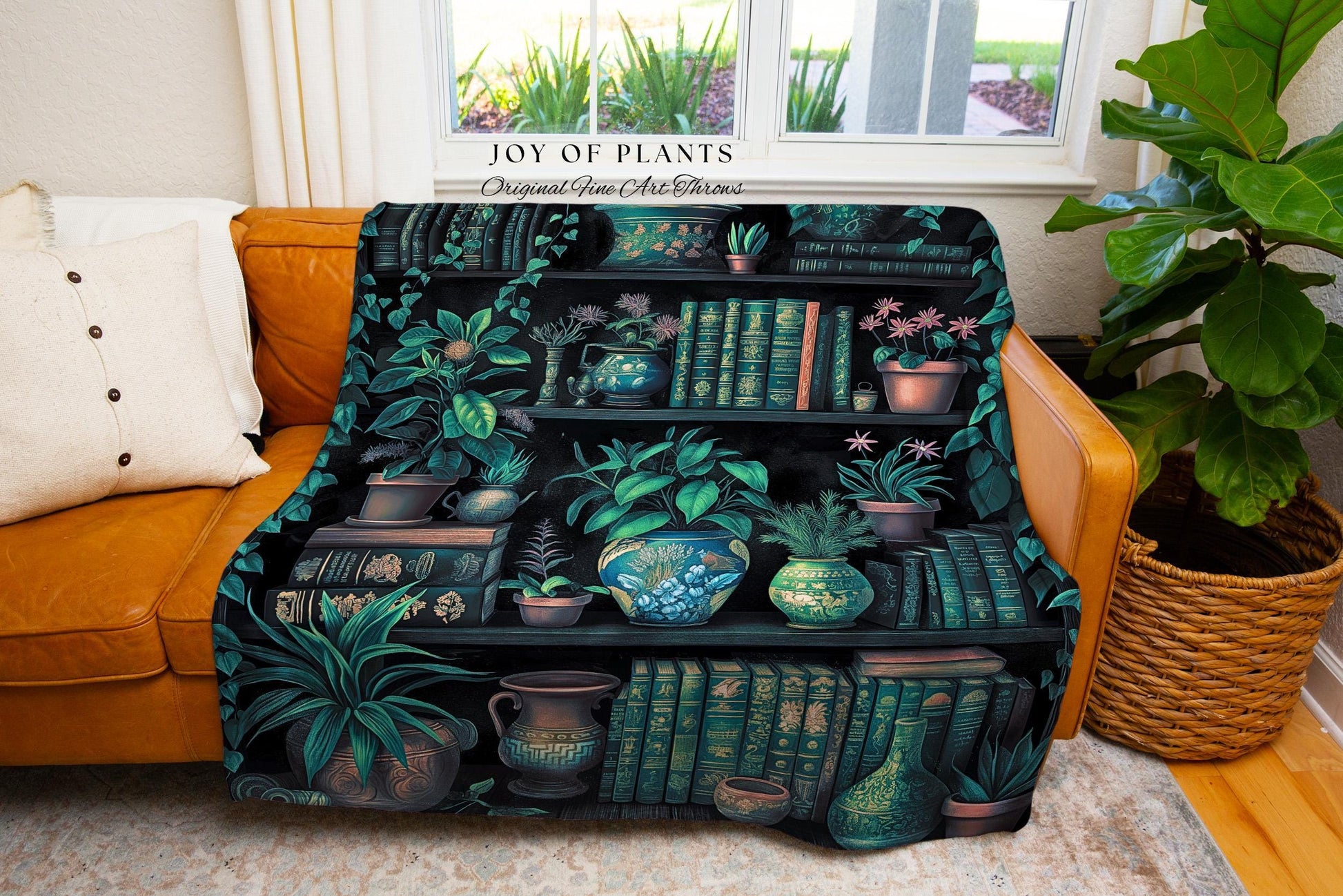 Moody Botanical Bookshelf Blanket | Witchy Reading Blanket Dark Cottagecore Woven Tapestry Wall Hanging Haunted Library Aesthetic Gothic