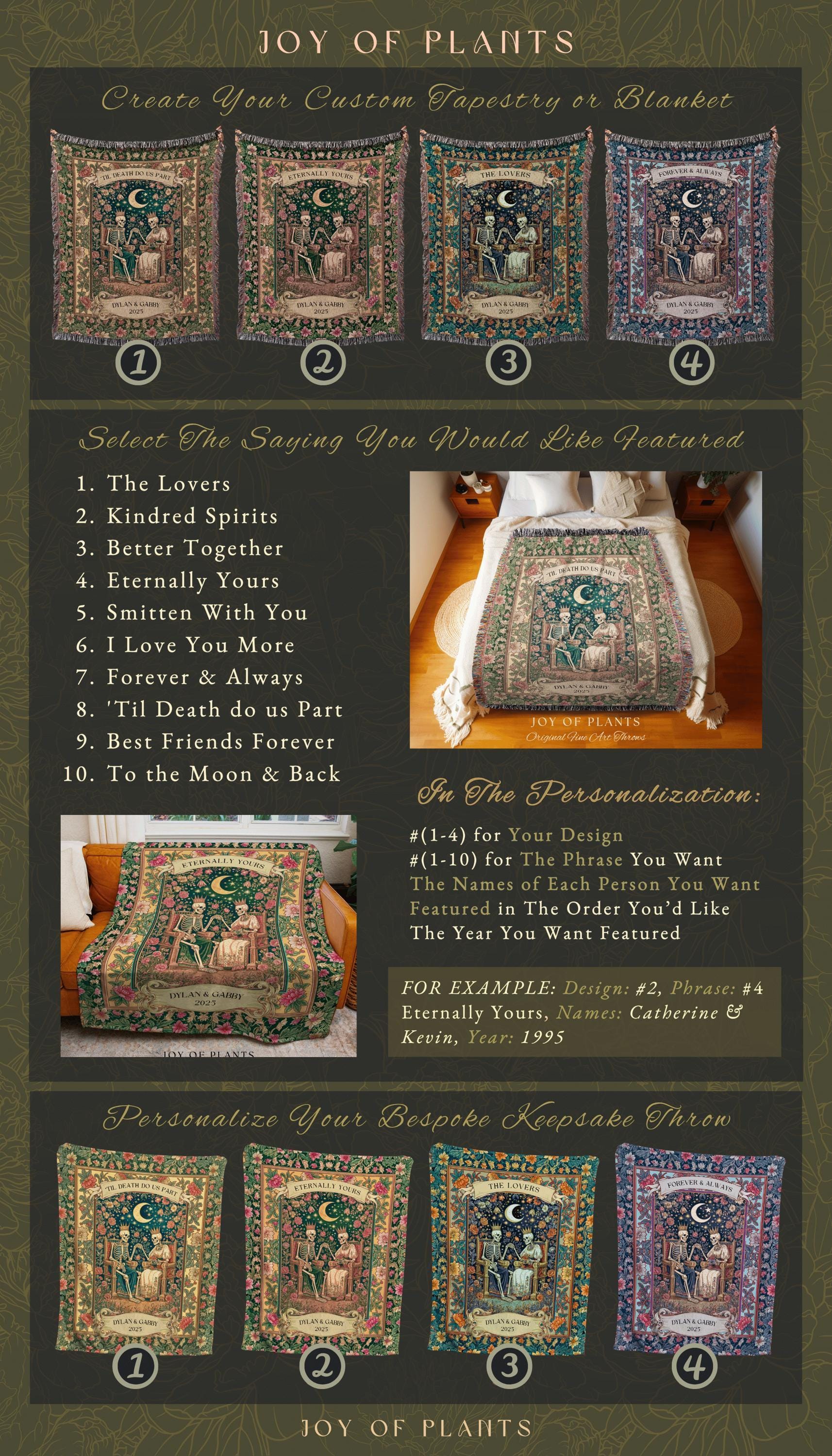 Enchanted Lovers Anniversary Blanket | Custom Gothic Woven Throw Personalized Romantic Wedding Anniversary Gift Cozy Floral Skeleton Couple