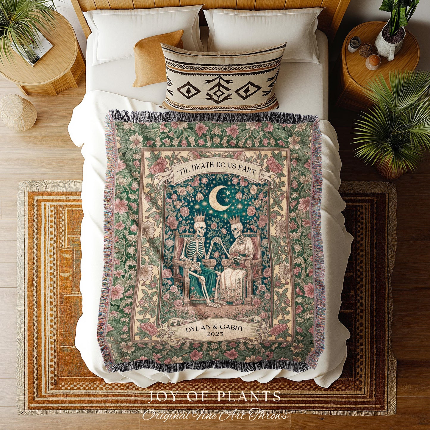 Enchanted Lovers Anniversary Blanket | Custom Gothic Woven Throw Personalized Romantic Wedding Anniversary Gift Cozy Floral Skeleton Couple