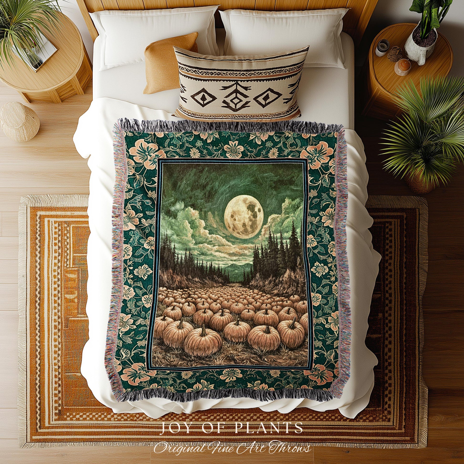 Rustic Full Moon Fall Throw Blanket | Whimsigoth Forest Autumn Vibes Cozy Pumpkin Decor Gothic Academia Aesthetic Halloween Tapestry Accent
