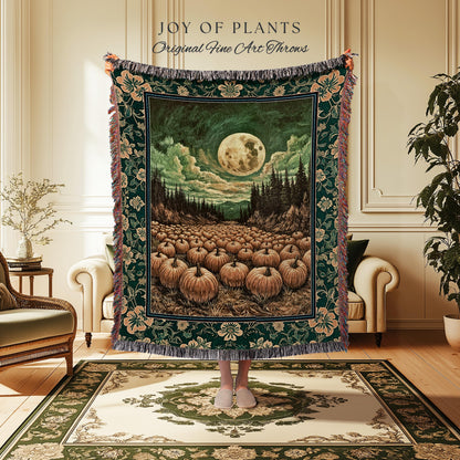 Rustic Full Moon Fall Throw Blanket | Whimsigoth Forest Autumn Vibes Cozy Pumpkin Decor Gothic Academia Aesthetic Halloween Tapestry Accent