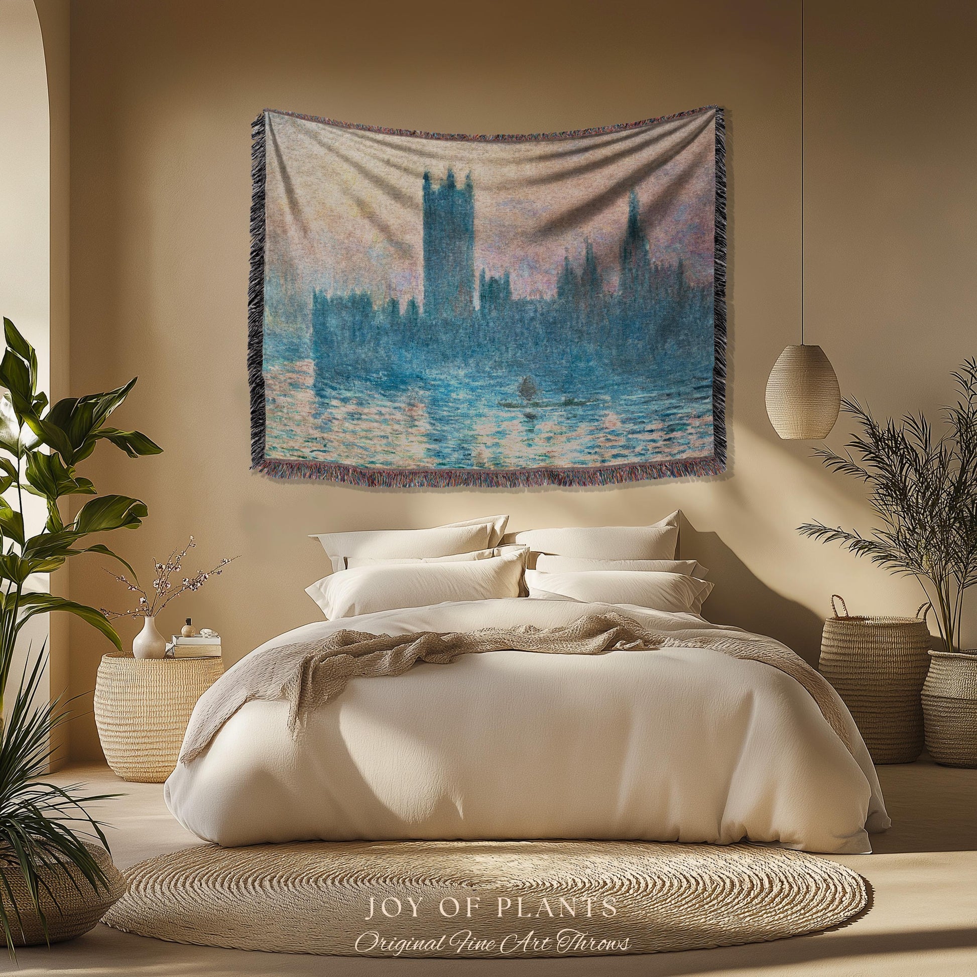 Houses of Parliament London Throw Monet Fine Art Woven Tapestry | Impressionist Wall Decor Misty Hues Elegant Home Style Art History Gifts