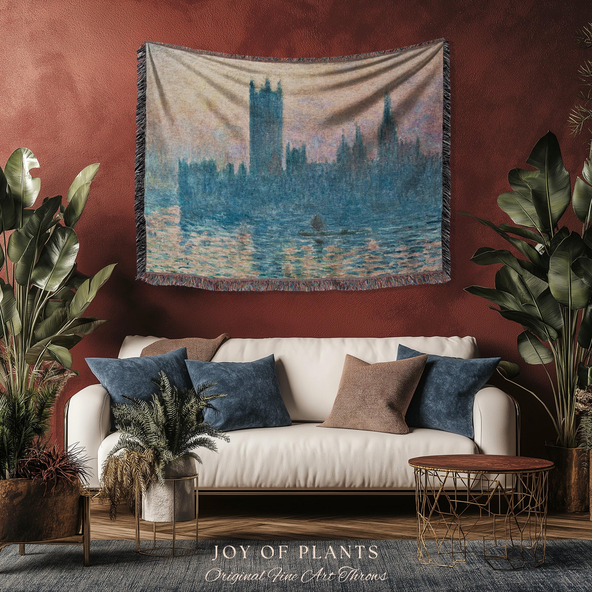 Houses of Parliament London Throw Monet Fine Art Woven Tapestry | Impressionist Wall Decor Misty Hues Elegant Home Style Art History Gifts