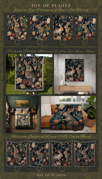 Dark Botanical Rabbit Blanket | Bunny Tapestry Boho Room Decor Woodland Aesthetic Dark Academia Throw Spring Wallhanging Woven Throw