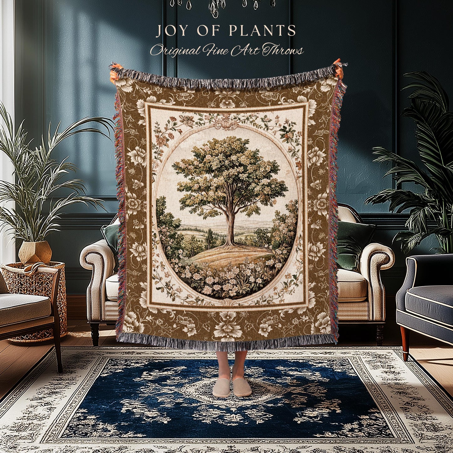French Countryside Botanical Tree Throw Blanket Woven Cotton Wall Tapestry