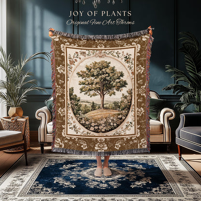 French Countryside Botanical Tree Throw Blanket Woven Cotton Wall Tapestry