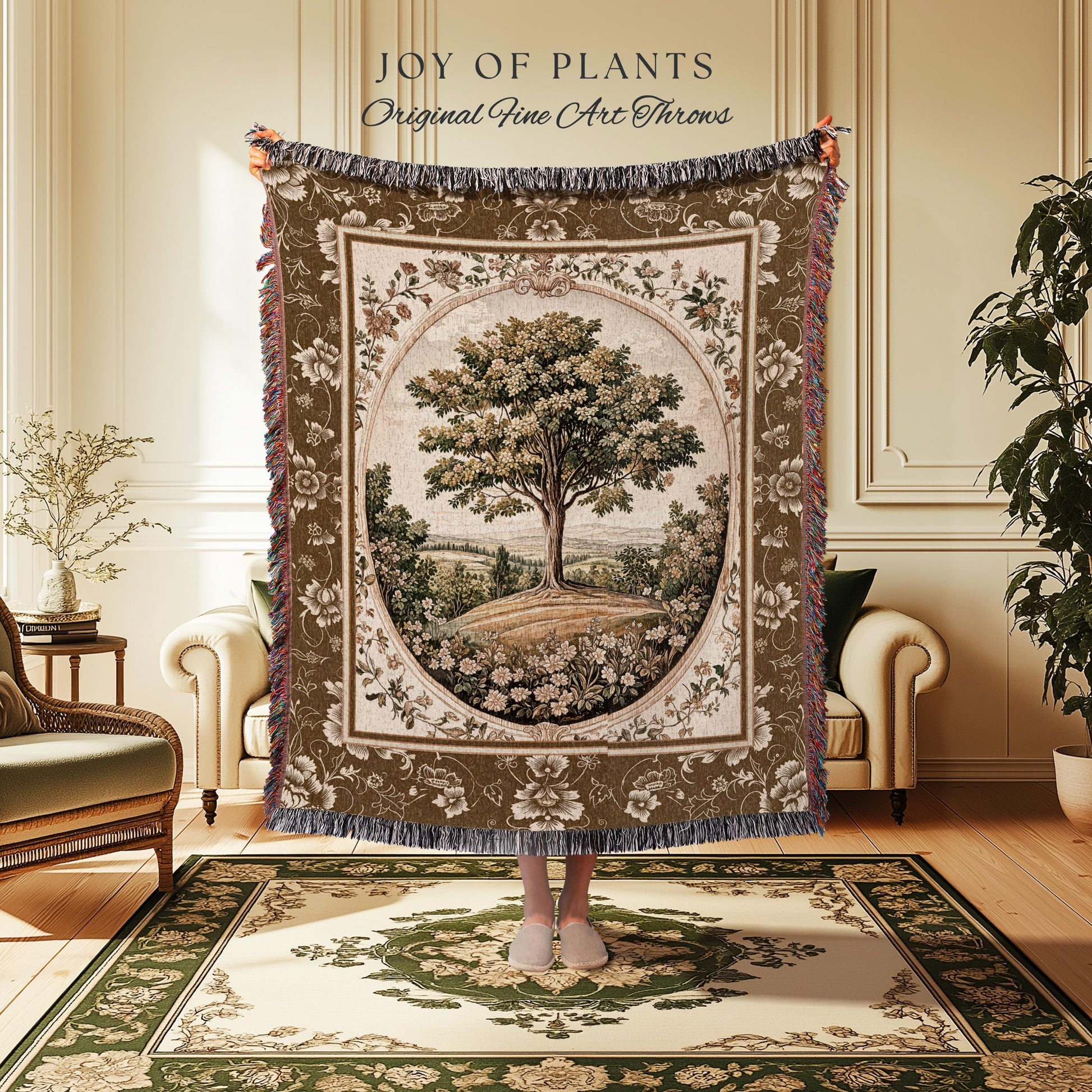 French Countryside Botanical Tree Throw Blanket Woven Cotton Wall Tapestry