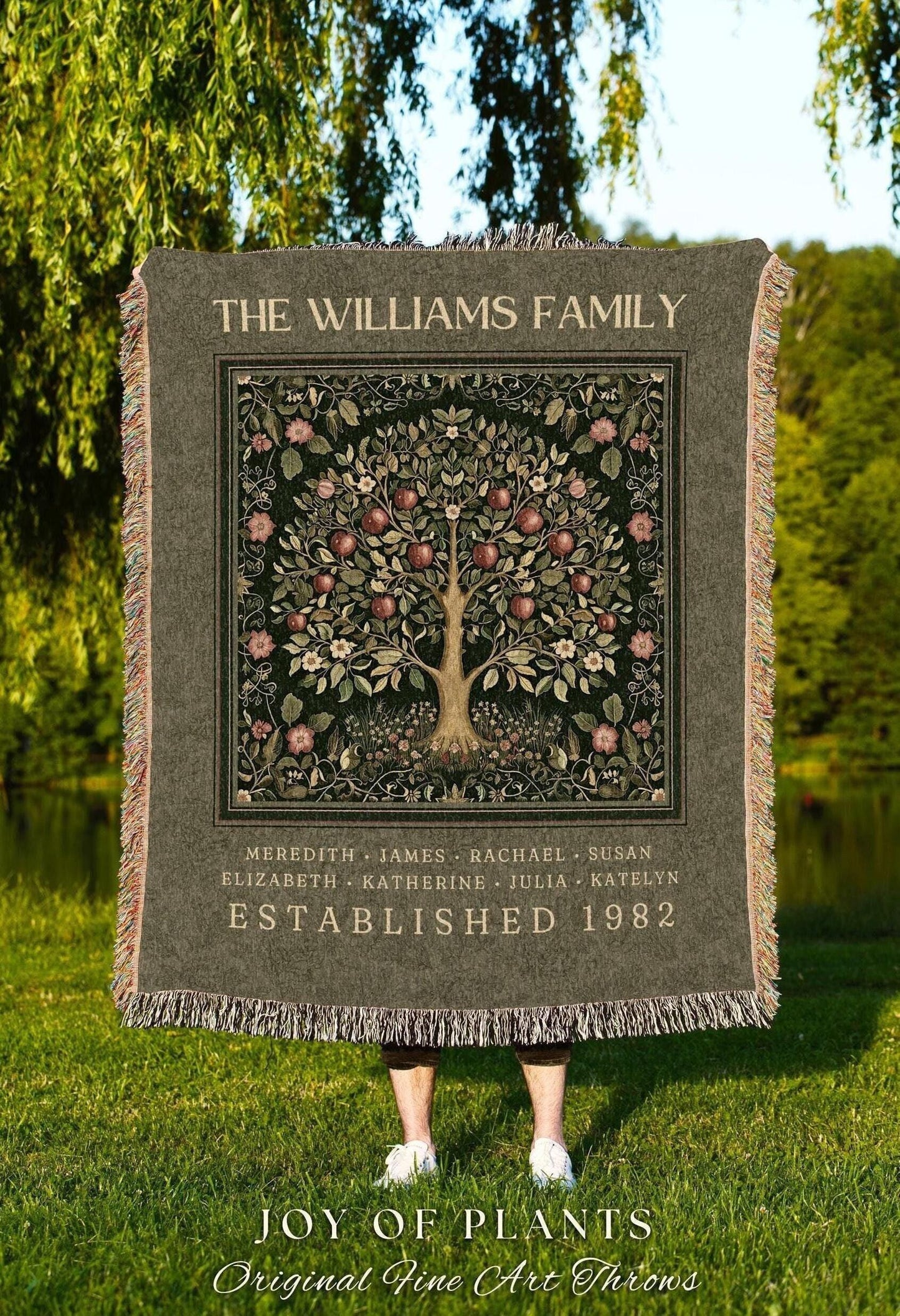 Deep Sage Green Family Tree Blanket Woven Art | Personalized Heritage Tapestry Custom Grandparent Gift Sentimental Last Name Gift from Kids