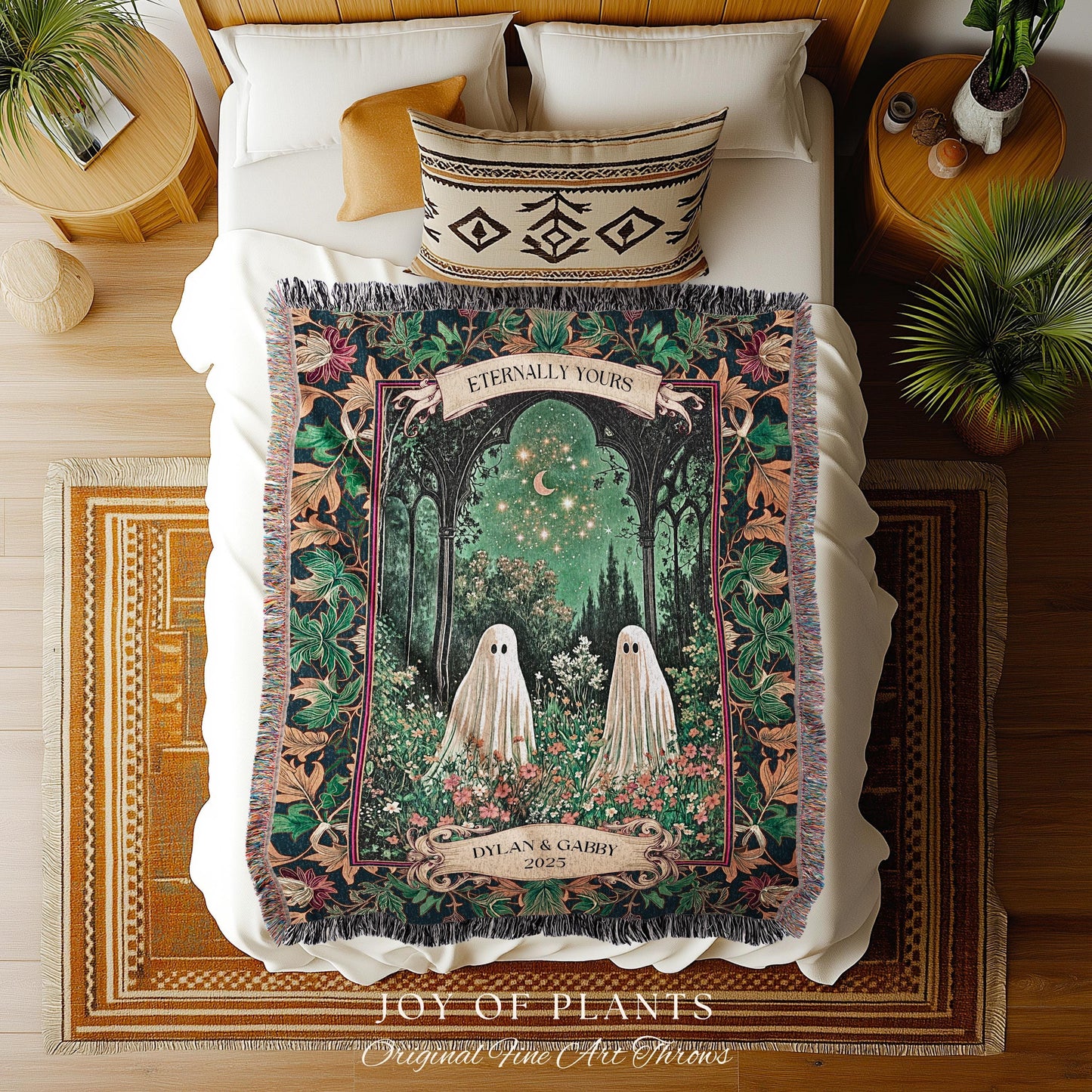 Ghost Couple Starlit Custom Tapestry | Cottagecore Floral Blanket Celestial Ghost Decor Gothic Enchanted Autumn Wedding Magical Personalized