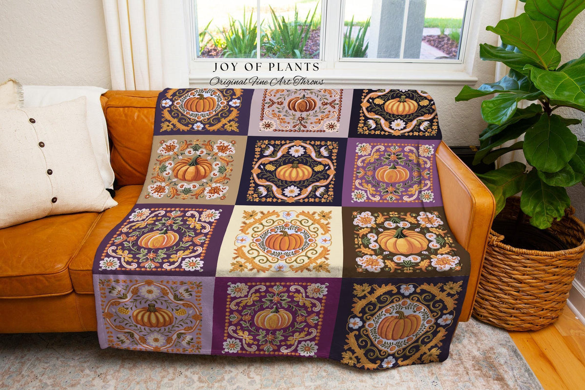Shades of Purple Witchy Pumpkin Blanket | Cottagecore Whimsical Throw Blanket Housewarming Gift Cozy Home Decor Retro Autumn Dorm Room Gift