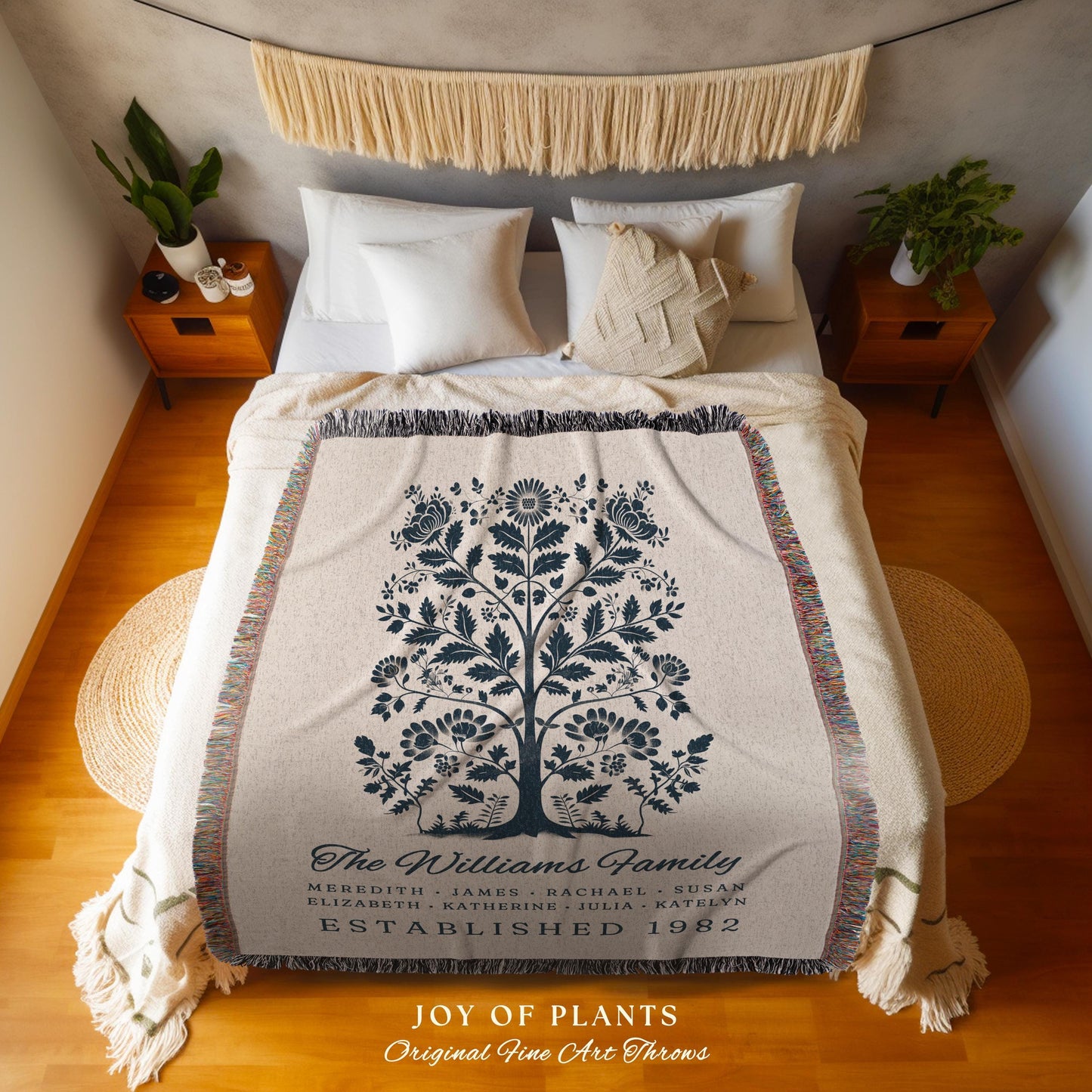 Vintage Folk Art Family Tree Blanket with Names Heritage Cottagecore Decor, Personalized Heirloom Tapestry Woven Throw Custom Nostalgic Gift