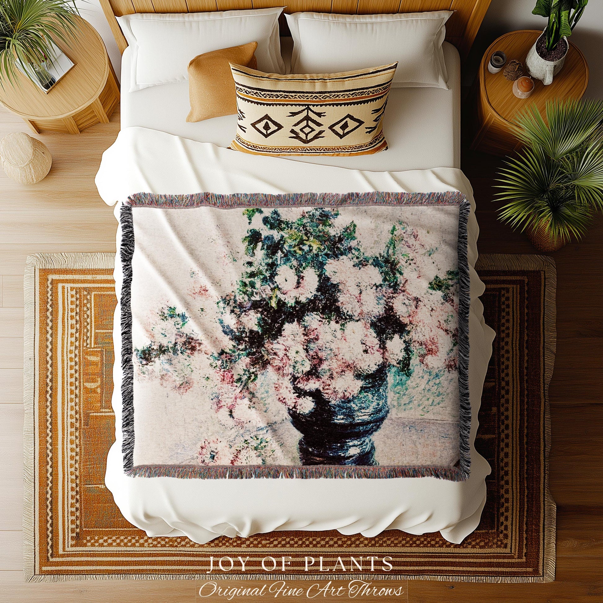 Chrysanthemums by Claude Monet Floral Fine Art Throw | Soft Pastels Botanical Design Tapestry Blanket for Garden Lovers and Art History Fans