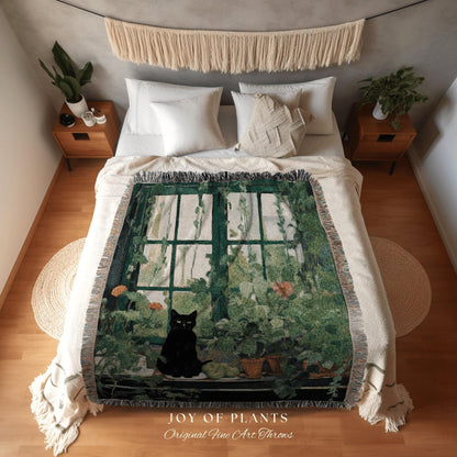 Botanical Cat Tapestry Halloween Tapestry Van Gogh Inspired Art Blanket Woven | Whimsical Room Decor Black Cat Decor Cottagecore Vintage Art