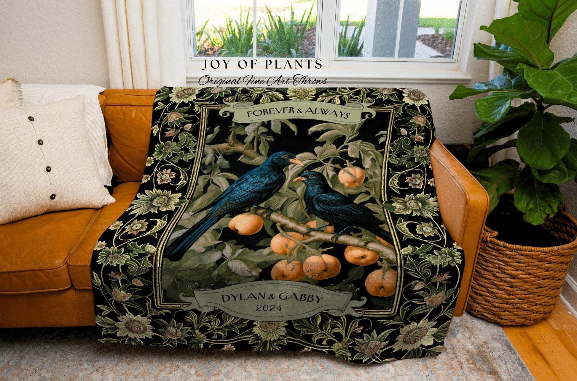 Botanical Aesthetic Wedding Tapestry | Crowcore Aesthetic Woven Throw Personalized Dating Anniversary Raven Gift for Goths Custom Blanket |