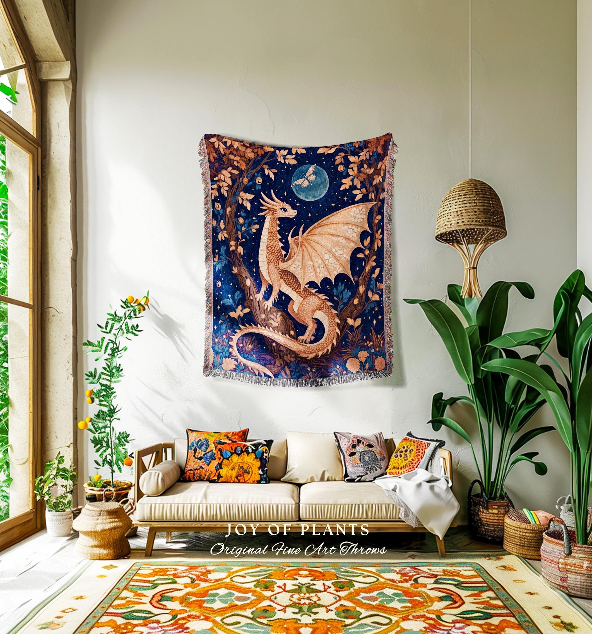 Whimsical Woodland Dragon Tapestry | Medieval Aesthetic Witchy Magical Mythical Creature Decor Cozy Rustic Whimsigothic Wall Hanging Artwork