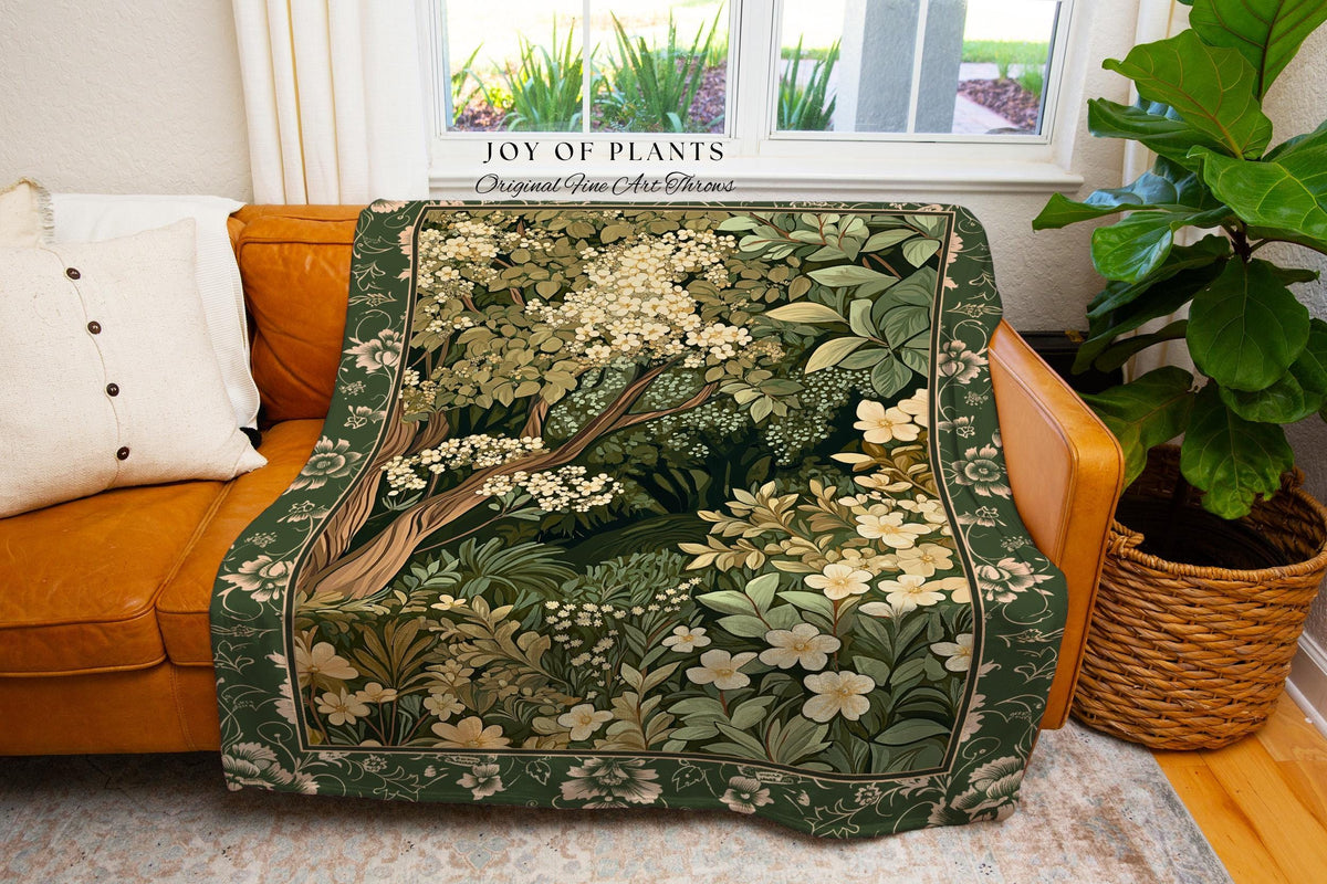 Soft Aesthetics Folklore Forest Tapestry Throw Fairy Inspired Bedroom | Cozy Cottagecore Ethereal Nature Aesthetic Sage Green Indie Blanket