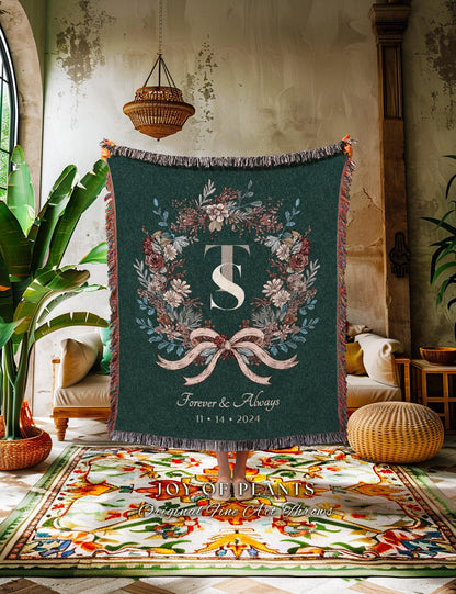 Cozy Newlyweds Initials Throw Blanket | Personalized Keepsake His and Hers Woven Tapestry Custom Dating Anniversary Floral Wreath for Her |
