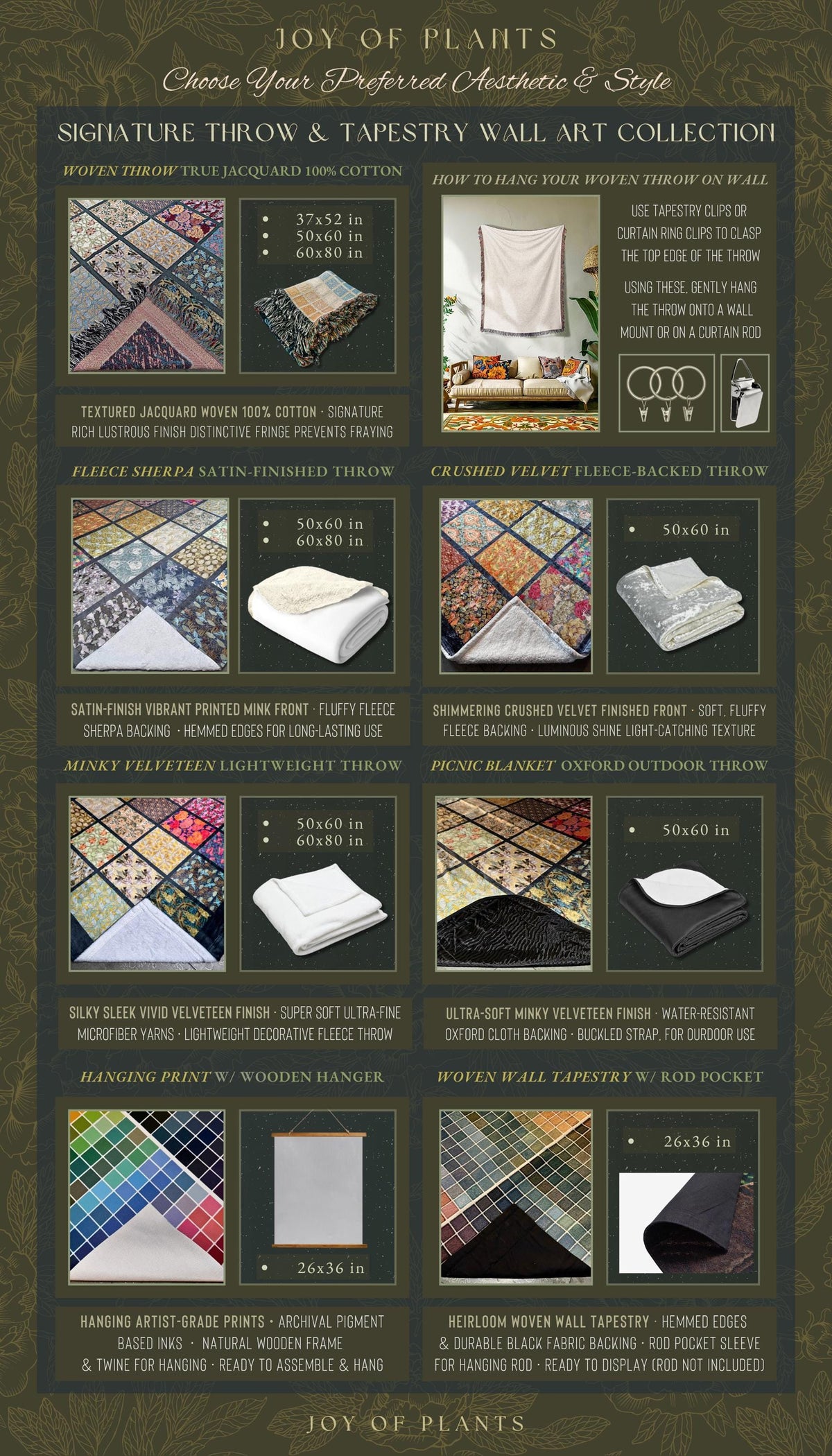 The image is a collection of various textiles and fabrics, including throw blankets, tapestries, and wall art, arranged in a grid format.