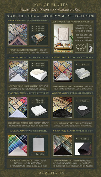The image is a collection of various textiles and fabrics, including throw blankets, tapestries, and wall art, arranged in a grid format.